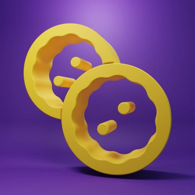 Mor arkaplanda izole edilmiş kıyafet simgesi için sarı dikiş düğmesi. Giysi düğmeleri. Minimalizm kavramı. 3 Boyutlu resimleme.