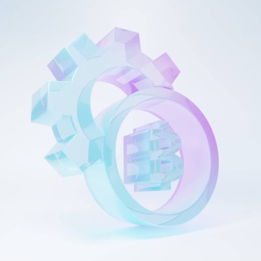 Beyaz arka planda izole edilmiş buzlu cam kripto para sikkesi Bitcoin simgesi. Vites ve Bitcoin ayarı. Engelleme zinciri tabanlı şifreli para birimi. Minimalizm kavramı. 3 Boyutlu resimleme.