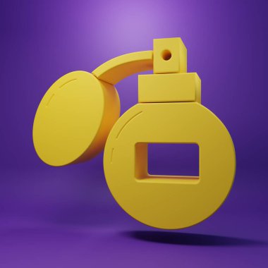 Sarı tıraş losyonu ikonu mor arkaplanda izole edilmiş. Parfüm spreyi ikonu. Erkek parfüm şişesi. Minimalizm kavramı. 3 Boyutlu resimleme.