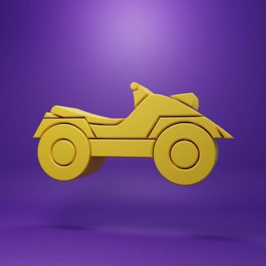 Sarı Tüm Arazi Aracı ya da ATV motosiklet ikonu mor arka planda izole edilmiş. Dörtlü bisiklet. Olağanüstü bir spor. Minimalizm kavramı. 3 Boyutlu resimleme.