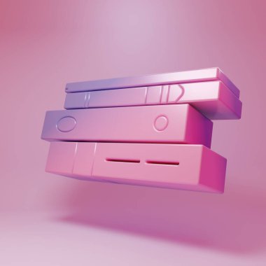 Pembe arka planda izole edilmiş belge ve belgeler içeren mor ofis klasörleri. Ofis dosyaları. Dosya arşivleme işareti. Minimalizm kavramı. 3 Boyutlu resimleme.