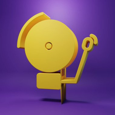 Sarı alarm zili simgesi mor arkaplanda izole edildi. Alarm sembolü, servis zili, el zili işareti, uyarı sembolü. Minimalizm kavramı. 3 Boyutlu resimleme.