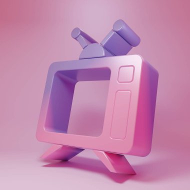 Pembe arka planda izole edilmiş mor-pembe televizyon ikonu. Televizyon tabelası. Minimalizm kavramı. 3 Boyutlu resimleme.