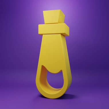 Mor zemin üzerinde iksir ikonu olan sarı şişe. Sihirli iksirli matara. Mutlu Cadılar Bayramı Partisi. Minimalizm kavramı. 3 Boyutlu resimleme.