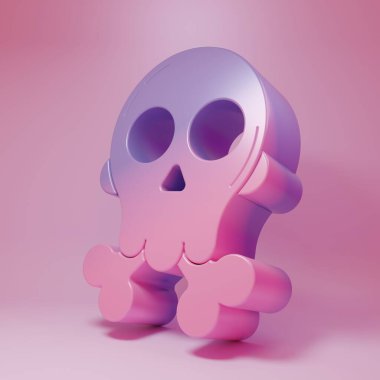 Pembe arka planda izole edilmiş çapraz kemik simgesi üzerinde mor-pembe Kafatası. Mutlu Cadılar Bayramı Partisi. Minimalizm kavramı. 3 Boyutlu resimleme.