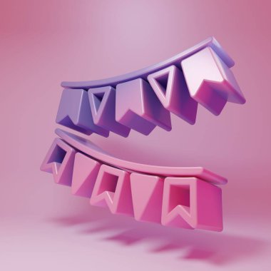 Pembe arka planda izole edilmiş bayrak ikonu olan mor renkli karnaval çelengi. Doğum günü kutlaması, festival ve güzel dekorasyon için parti flamaları. Minimalizm kavramı. 3 Boyutlu resimleme.