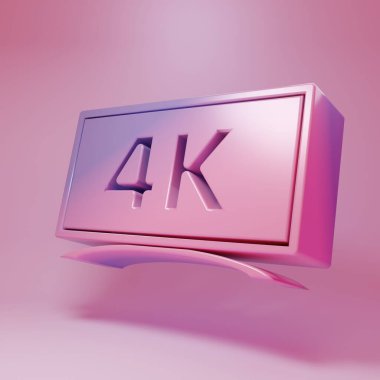 Pembe arka planda 4k Ultra HD video teknolojisi ikonu olan mor ekran televizyon. Minimalizm kavramı. 3 Boyutlu resimleme.