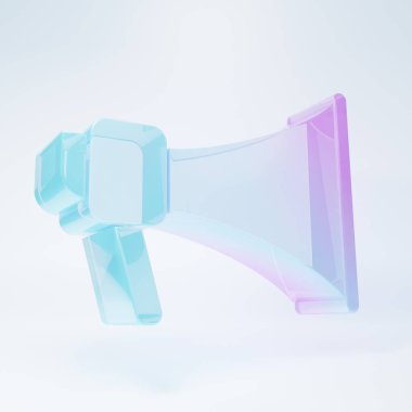 Beyaz arka planda izole edilmiş buzlu cam megafon ikonu. Sözcü işareti. Minimalizm kavramı. 3 Boyutlu resimleme.