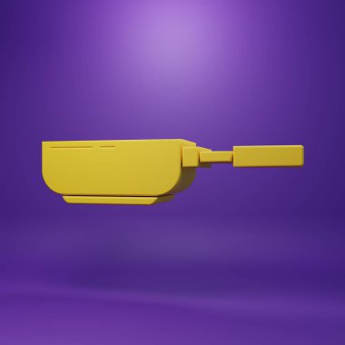 Sarı kızartma tavası simgesi mor arkaplanda izole edildi. Kızartma veya kızartma gıda sembolü. Minimalizm kavramı. 3 Boyutlu resimleme.