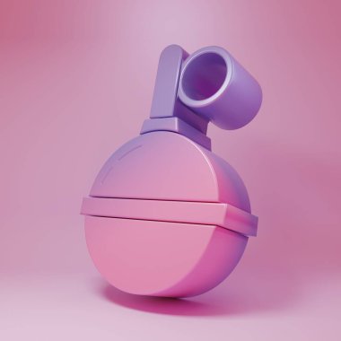 Purple-pink Hand grenade icon isolated on pink background. Bomb explosion. Minimalism concept. 3D render illustration.