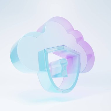 Buzlu cam bulut ve kalkan ikonu beyaz arka planda izole edilmiş. Bulut depolama veri koruması. Güvenlik, güvenlik, koruma, gizlilik kavramı. Minimalizm kavramı. 3 Boyutlu resimleme.