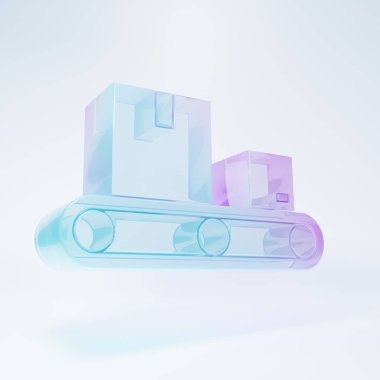 Beyaz zemin üzerinde karton kutu simgesi olan buzlu cam taşıyıcı şerit. Minimalizm kavramı. 3 Boyutlu resimleme.