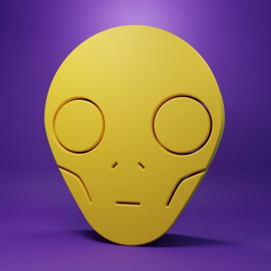 Sarı Uzaylı simgesi mor arkaplanda izole edildi. Uzaylı yüzü ya da kafa sembolü. Minimalizm kavramı. 3 Boyutlu resimleme.