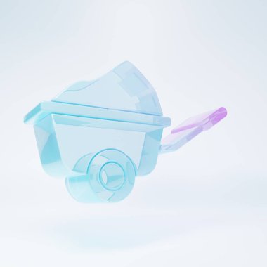 Frosted glass Wheelbarrow with dirt icon isolated on white background. Tool equipment. Agriculture cart wheel farm. Minimalism concept. 3D render illustration.