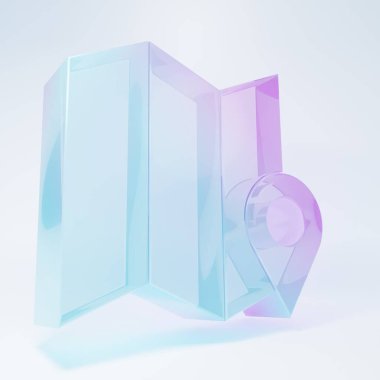 Frosted glass Folded map with location marker icon isolated on white background. Minimalism concept. 3D render illustration.