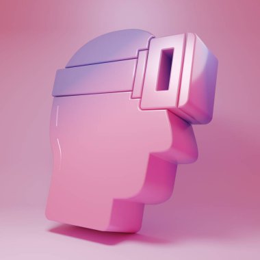 Pembe arka planda izole edilmiş mor-pembe sanal gerçeklik gözlüğü simgesi. Stereoskopik 3D VR maskesi. Minimalizm kavramı. 3 Boyutlu resimleme.