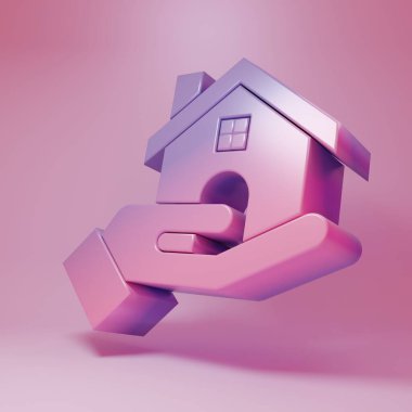 Mor pembe emlakçı ikonu pembe arka planda izole edilmiş. Ev almak. Minimalizm kavramı. 3 Boyutlu resimleme.