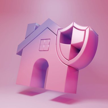 Pembe arka planda kalkan ikonu olan mor-pembe bir ev. Sigorta konsepti. Güvenlik, güvenlik, koruma, konsept koruma. Minimalizm kavramı. 3 Boyutlu resimleme.