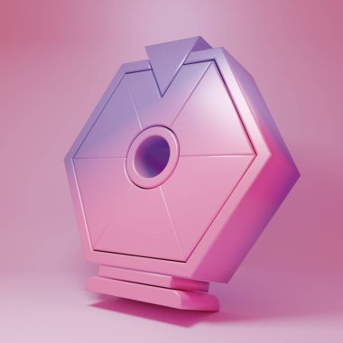 Pembe arka planda izole edilmiş mor-pembe Lucky tekerlek ikonu. Minimalizm kavramı. 3 Boyutlu resimleme.