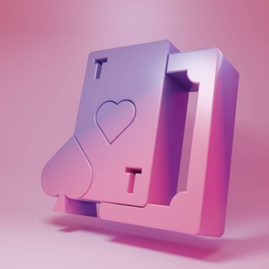 Pembe arka planda kalp sembolü simgesi olan mor oyun kartı. Kumarhane kumarı. Minimalizm kavramı. 3 Boyutlu resimleme.