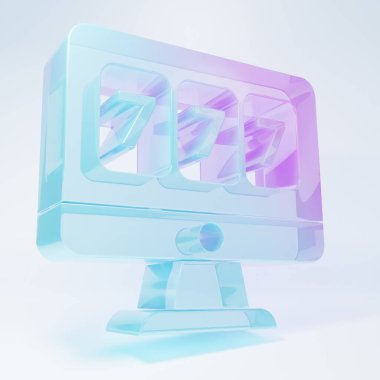 Beyaz arka planda izole edilmiş şanslı yedinci büyük ikramiye ikonu olan buzlu cam kumar makinesi. İnternetteki kumarhane. Minimalizm kavramı. 3 Boyutlu resimleme.