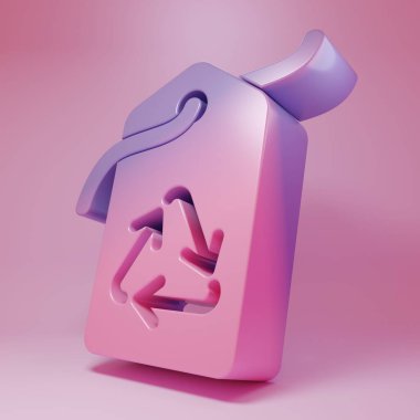 Pembe arka planda izole edilmiş geri dönüşüm sembollü mor etiket. Pankart, etiket, etiket, logo, çevre yeşili etiketi. Minimalizm kavramı. 3 Boyutlu resimleme.