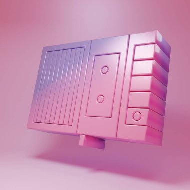Pembe arka planda izole edilmiş mor-pembe müzik şeridi ikonu. Taşınabilir müzik cihazı. Minimalizm kavramı. 3 Boyutlu resimleme.