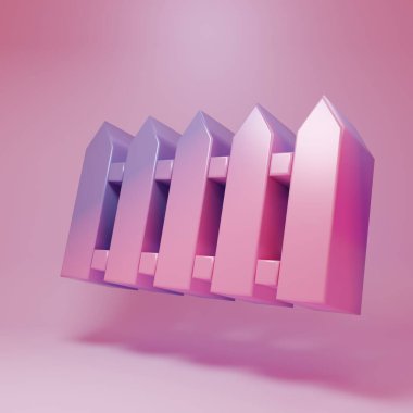 Pembe arka planda izole edilmiş mor-pembe bahçe çiti ahşap ikonu. Minimalizm kavramı. 3 Boyutlu resimleme.