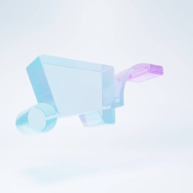 Beyaz arka planda izole edilmiş buzlu cam el arabası ikonu. Alet edevat. Tarım arabası tekerlek çiftliği. Minimalizm kavramı. 3 Boyutlu resimleme.