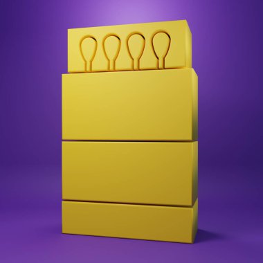 Sarı Açık kibrit kutusu ve mor arkaplanda izole edilmiş kibrit kutusu. Minimalizm kavramı. 3 Boyutlu resimleme.