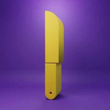 Sarı Bıçak simgesi mor arkaplanda izole edilmiş. Çatal bıçak sembolü. Minimalizm kavramı. 3 Boyutlu resimleme.