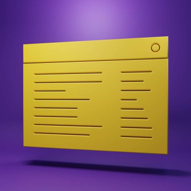 Sarı Yazılım, web geliştirici programlama kodu simgesi mor arkaplanda izole edilmiş. Program kodunun rastgele bilgisayar betiği parçalarını Javascript et. Minimalizm kavramı. 3 Boyutlu resimleme.