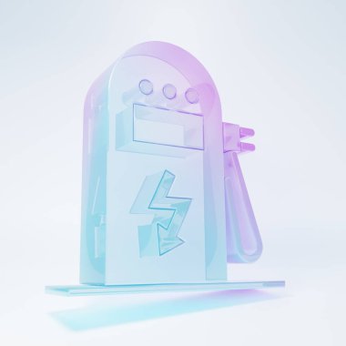 Buzlu cam elektrikli araba şarj istasyonu simgesi beyaz arka planda izole edildi. Eko elektrik yakıt pompası tabelası. Minimalizm kavramı. 3 Boyutlu resimleme.