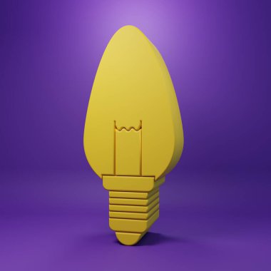 Mor arkaplanda izole edilmiş fikir ikonu kavramına sahip sarı ampul. Enerji ve fikir sembolü. İlham konsepti. Minimalizm kavramı. 3 Boyutlu resimleme.