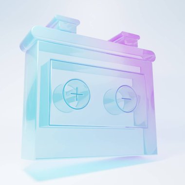 Frosted glass Car battery icon isolated on white background. Accumulator battery energy power and electricity accumulator battery. Minimalism concept. 3D render illustration.