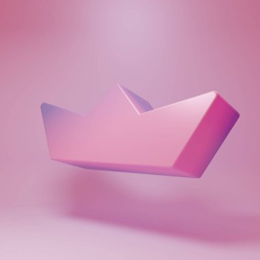 Pembe arka planda izole edilmiş mor katlanmış kağıt tekne ikonu. Origami kağıt gemisi. Minimalizm kavramı. 3 Boyutlu resimleme.