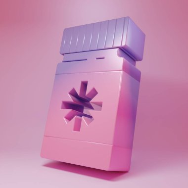 Mor Pembe Köpek ilaç şişesi ve pembe arka planda izole edilmiş ilaç ikonu. İçinde haplar olan konteynır. Hayvan için reçeteli ilaç. Minimalizm kavramı. 3 Boyutlu resimleme.