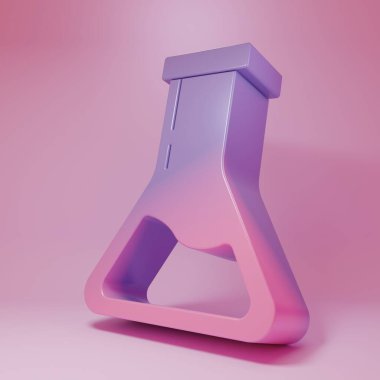 Mor-pembe test tüpü ve matara. Pembe arka planda izole edilmiş kimyasal laboratuvar ikonu. Laboratuvar cam levhası. Minimalizm kavramı. 3 Boyutlu resimleme.