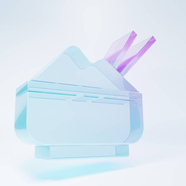 Beyaz arka planda izole edilmiş yemek çubuğu ikonu olan bir kasede buzlu cam pirinç. Geleneksel Asya yemekleri. Minimalizm kavramı. 3 Boyutlu resimleme.