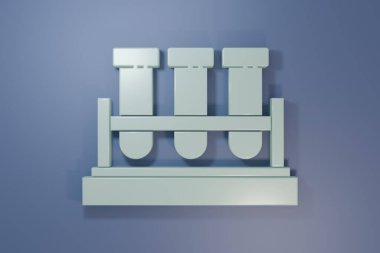 Mor-mavi arka planda gri test tüpü ve kimyasal test ikonu izole edildi. Laboratuvar cam levhası. Minimalizm kavramı. 3 Boyutlu resimleme.