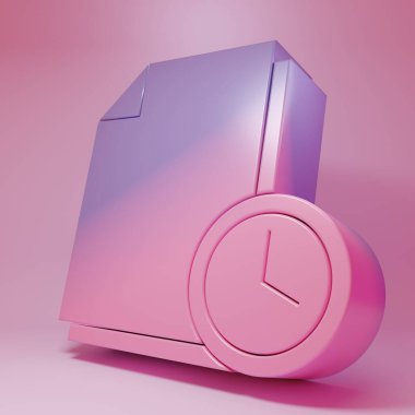 Pembe arka planda izole edilmiş saat simgesine sahip mor-pembe belge. Belge ve geri sayım, teslim tarihi, program, planlama sembolü. Minimalizm kavramı. 3 Boyutlu resimleme.