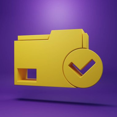 Sarı Belge dizini ve mor arkaplanda izole edilmiş işaret simgesini işaretle. Kontrol listesi simgesi. İş konsepti. Minimalizm kavramı. 3 Boyutlu resimleme.