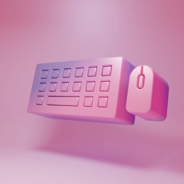 Pembe arka planda Mor Pembe Bilgisayar klavyesi ve fare simgesi izole edildi. Bilgisayar bileşeni işareti. Minimalizm kavramı. 3 Boyutlu resimleme.