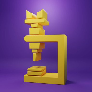 Sarı mikroskop simgesi mor arkaplanda izole edildi. Kimya, ilaç aleti, mikrobiyoloji büyütme aracı. Minimalizm kavramı. 3 Boyutlu resimleme.