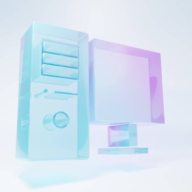 Buzlu cam bilgisayar monitörü simgesi beyaz arkaplanda izole edildi. Bilgisayar bileşeni işareti. Minimalizm kavramı. 3 Boyutlu resimleme.