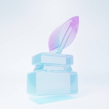 Buzlu cam tüy ve beyaz arka planda izole edilmiş mürekkep ikonu. Minimalizm kavramı. 3 Boyutlu resimleme.