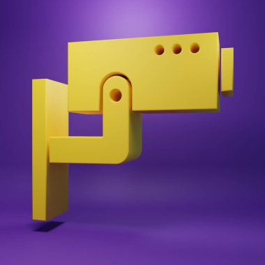 Sarı güvenlik kamerası simgesi mor arkaplanda izole edildi. Minimalizm kavramı. 3 Boyutlu resimleme.