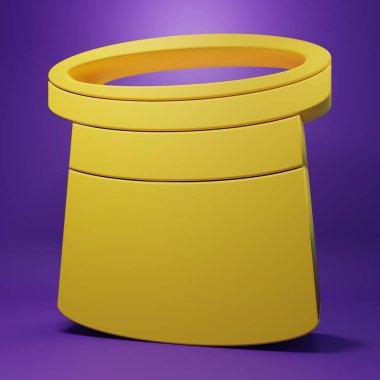 Sarı Sihirbaz şapka simgesi mor arkaplanda izole edildi. Sihir numarası. Gizemli eğlence konsepti. Minimalizm kavramı. 3 Boyutlu resimleme.