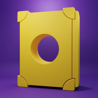 Eflatun arka planda izole edilmiş, simya tarifleri, mistik büyüler ve büyüler içeren sarı antik büyü kitabı. Minimalizm kavramı. 3 Boyutlu resimleme.