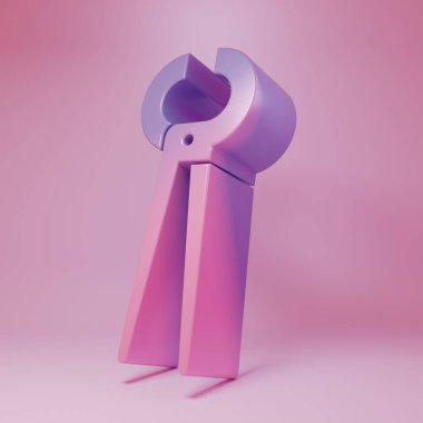 Pembe arka planda izole edilmiş mor kıskaç ve kerpeten ikonu. Kıskaçlar endüstri mekanik tesisat aletini çalıştırır. Minimalizm kavramı. 3 Boyutlu resimleme.